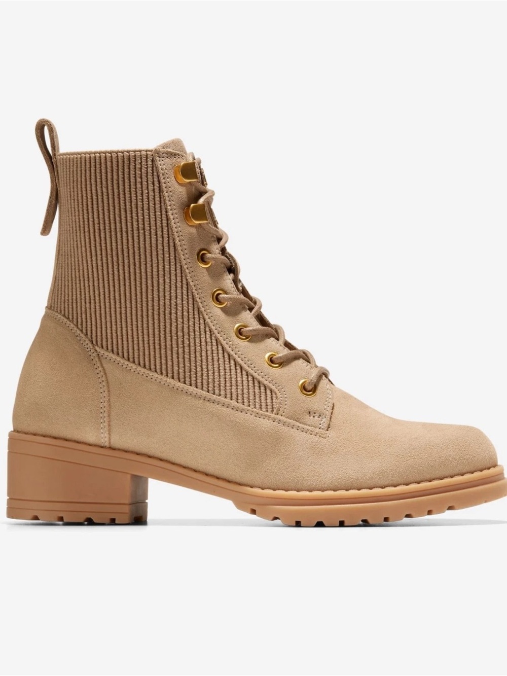 Cole Haan Camea Waterproof Lace-Up Combat Boots in Beige Suede - Picture 2 of 6